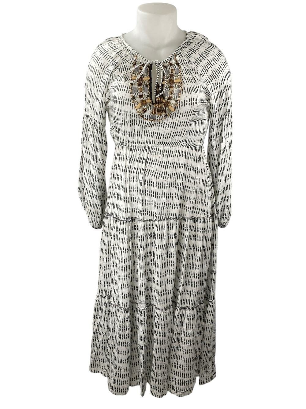 Skemo White Abstract Beaded Tie Neck Long Sleeve Tiered Midi A-line Dress Size M